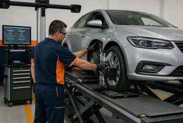Mecânico realizando alinhamento de rodas em veículo.