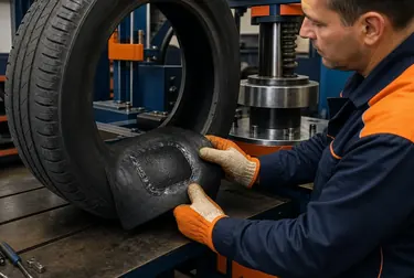 Profissional executando vulcanização de pneus com equipamento adequado.