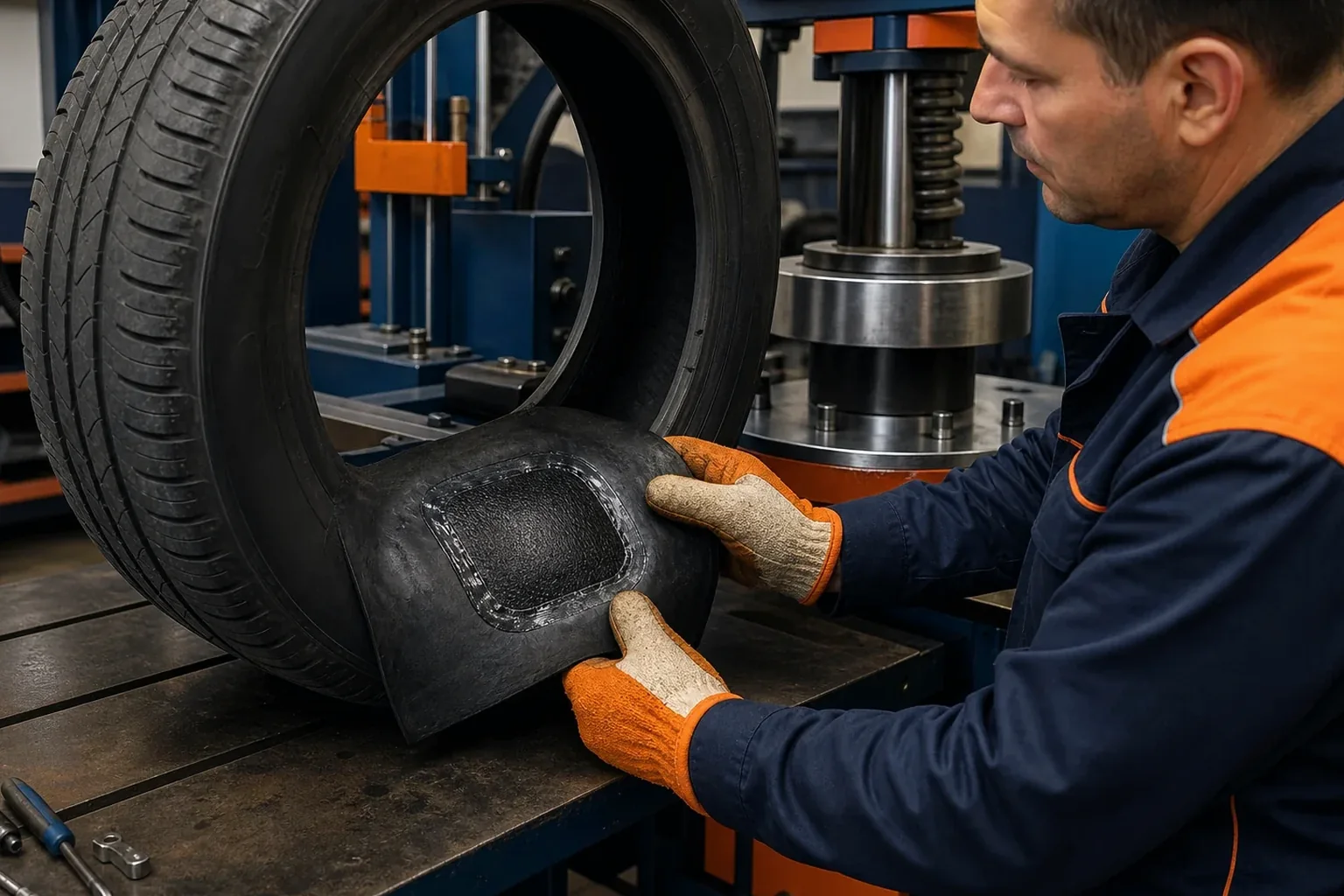 Profissional executando vulcanização de pneus com equipamento adequado.