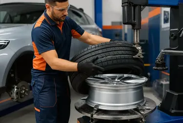 Profissional realizando a troca de um pneu em um veículo na borracharia.