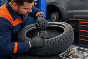 Técnico consertando pneu em borracharia com ferramentas especializadas.