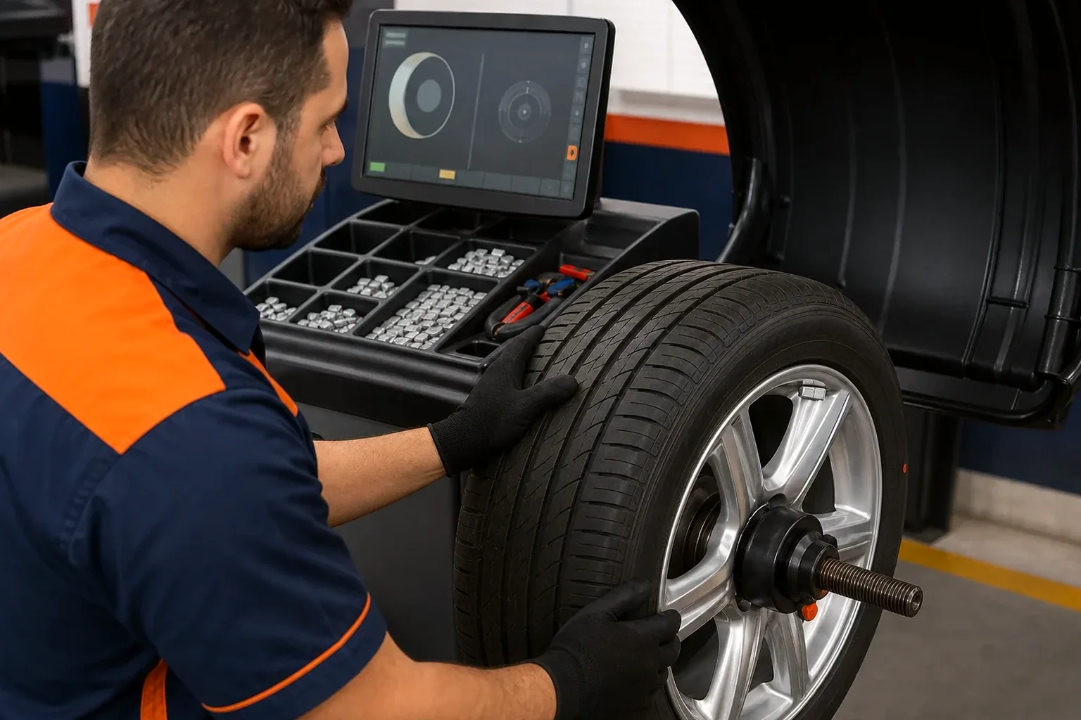 Técnico fazendo balanceamento de rodas em mecânica especializada.